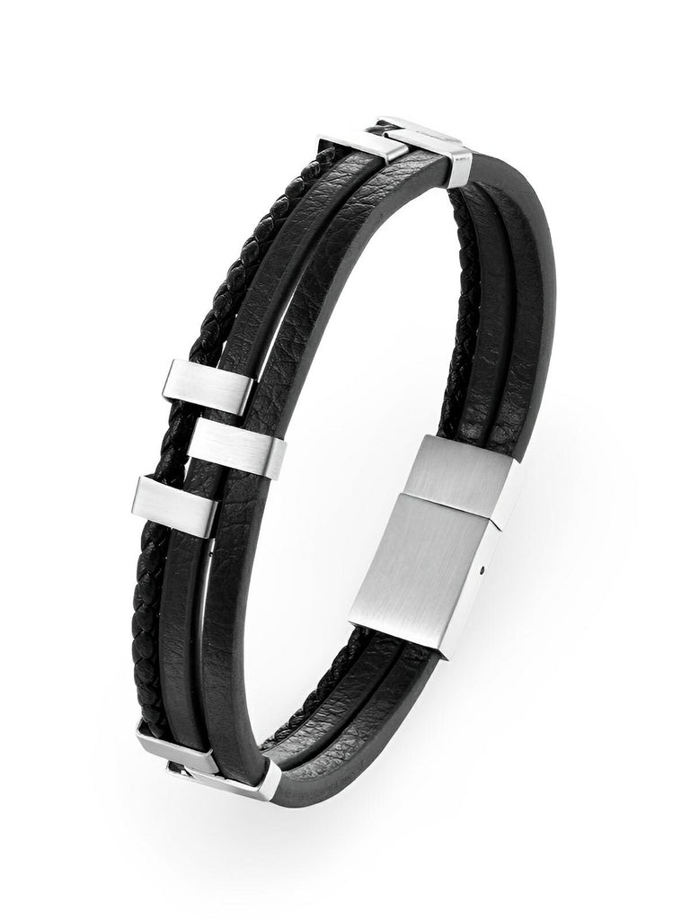 Bracelet homme en cuir, acier inoxydable, design moderne et naturel, modèle Daryl - Bracelet - Noir S