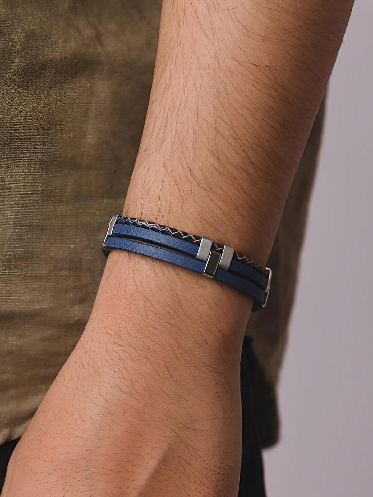 Bracelet homme en cuir, acier inoxydable, design moderne et naturel, modèle Daryl - Bracelet - Bleu S