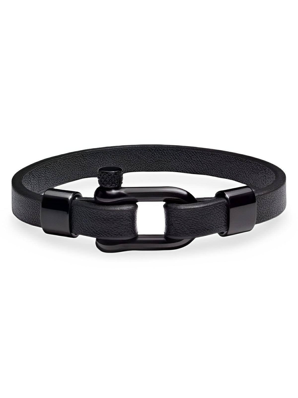 Bracelet homme en cuir noir, fermoir à manille, bijou tendance, modèle Gaston - Bracelet - Noir S