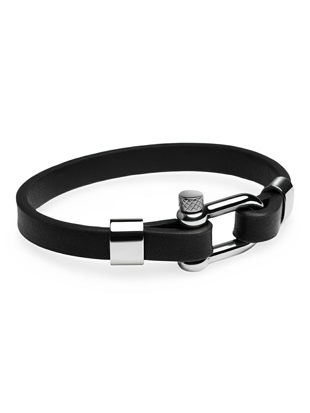 Bracelet homme en cuir noir, fermoir à manille, bijou tendance, modèle Gaston - Bracelet - Noir et argent S