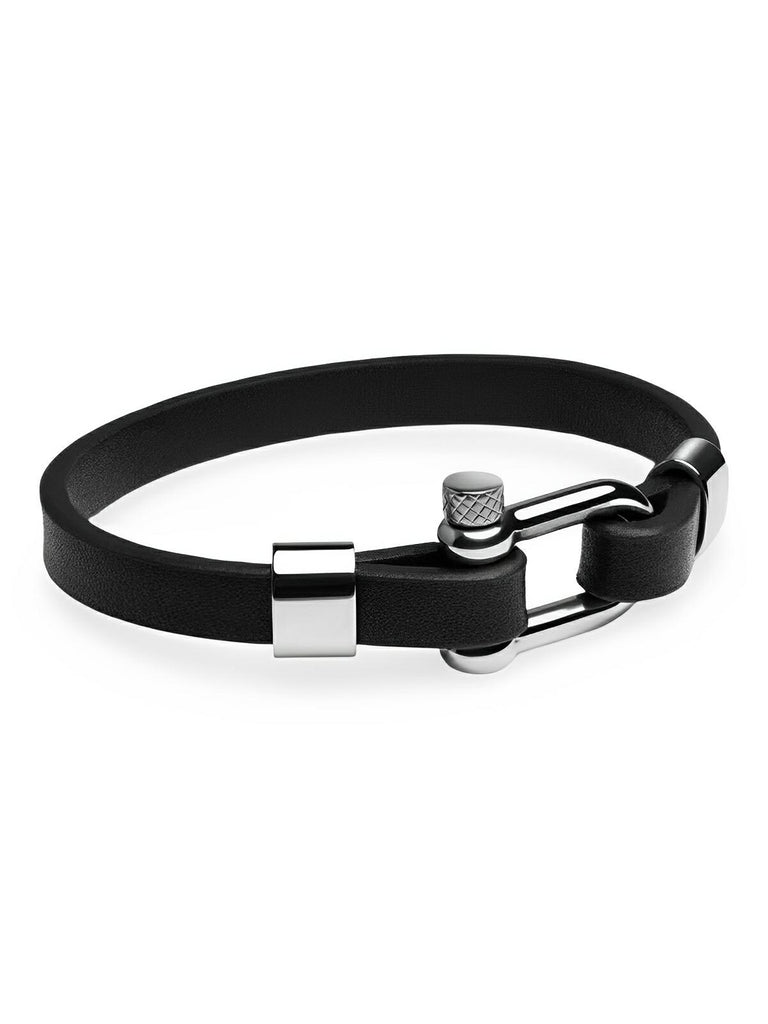 Bracelet homme en cuir noir, fermoir à manille, bijou tendance, modèle Gaston - Bracelet - Noir et argent S
