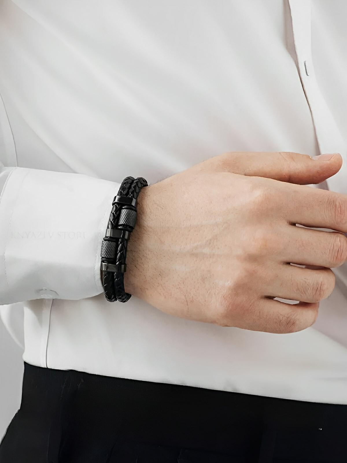 Bracelet homme en cuir tressé, acier inoxydable, double rang, détails méticuleux, modèle Roselin - Bracelet - Noir XS