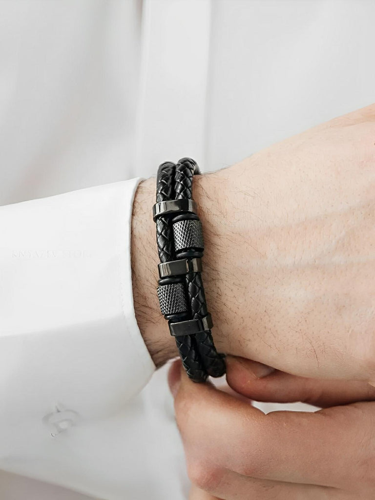 Bracelet homme en cuir tressé, acier inoxydable, double rang, détails méticuleux, modèle Roselin - Bracelet - Noir XS