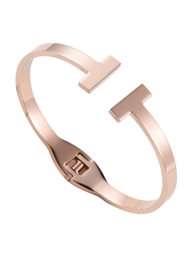 Bracelet jonc T, métal argenté, style géométrique, design massif, modèle Dora - Bracelet - Or rosé