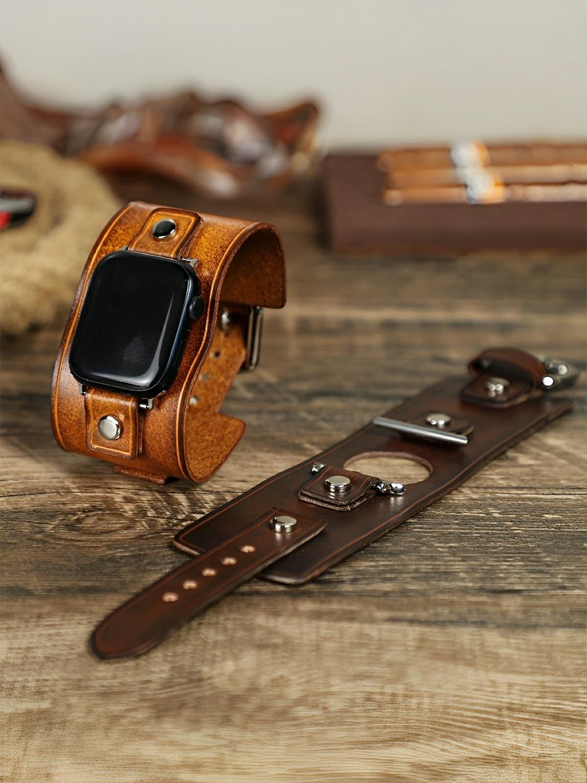 Bracelet large cuir Apple Watch, sangle vintage, cuir pleine fleur, design rétro, modèle Célian - Bracelet Apple Watch - Camel 38 à 42mm