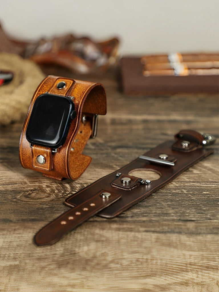 Bracelet large cuir Apple Watch, sangle vintage, cuir pleine fleur, design rétro, modèle Célian - Bracelet Apple Watch - Camel 38 à 42mm