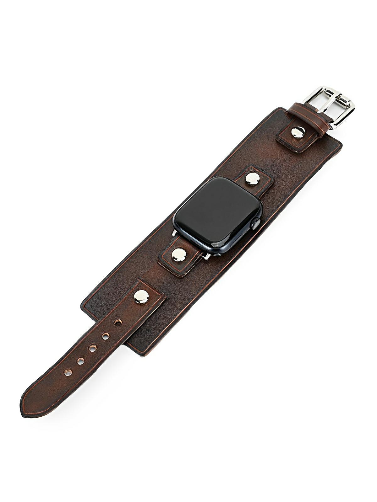 Bracelet large cuir Apple Watch, sangle vintage, cuir pleine fleur, design rétro, modèle Célian - Bracelet Apple Watch - Café 38 à 42mm
