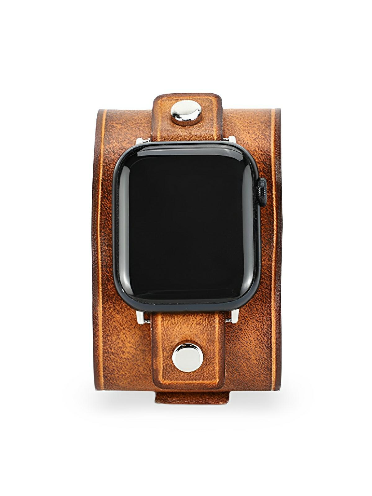 Bracelet large cuir Apple Watch, sangle vintage, cuir pleine fleur, design rétro, modèle Célian - Bracelet Apple Watch - Camel 38 à 42mm