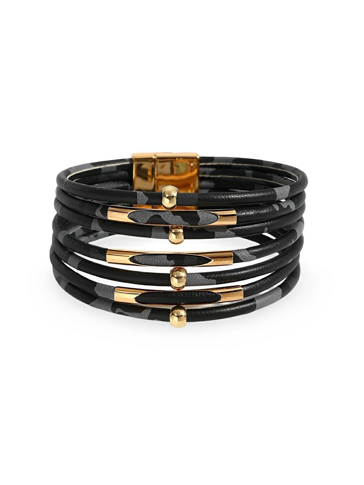 Bracelet magnétique multicouche en simili vegan avec imprimé léopard, perles et tube de cuivre incurvé, modèle Arnelle - Bracelet - Noir