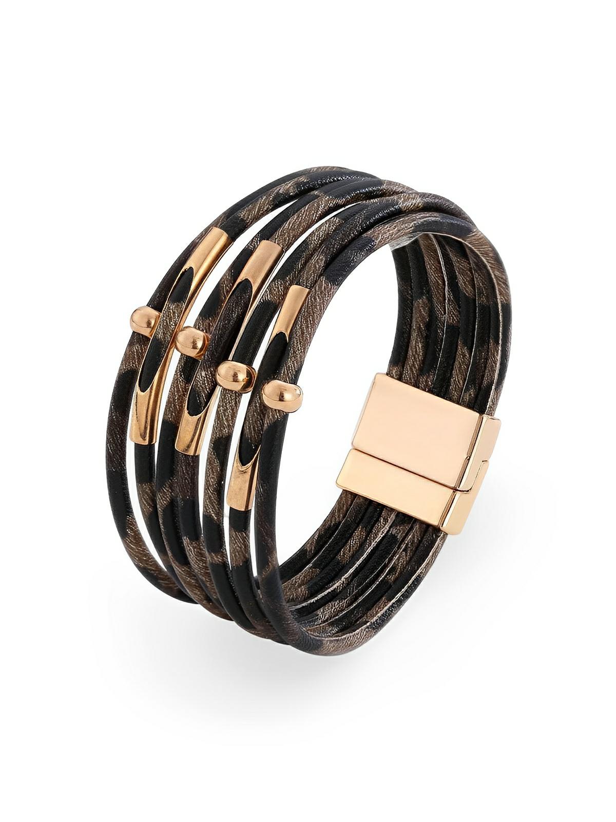 Bracelet magnétique multicouche en simili vegan avec imprimé léopard, perles et tube de cuivre incurvé, modèle Arnelle - Bracelet - Marron