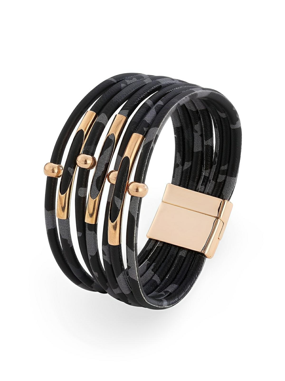 Bracelet magnétique multicouche en simili vegan avec imprimé léopard, perles et tube de cuivre incurvé, modèle Arnelle - Bracelet - Noir
