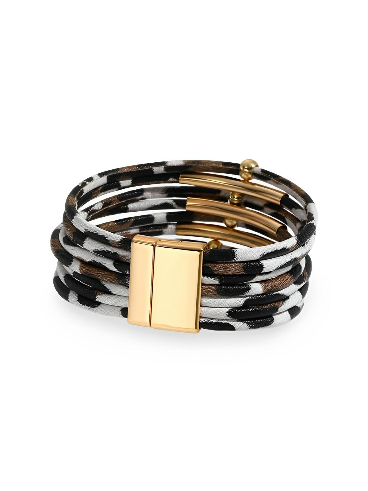 Bracelet magnétique multicouche en simili vegan avec imprimé léopard, perles et tube de cuivre incurvé, modèle Arnelle - Bracelet - Blanc
