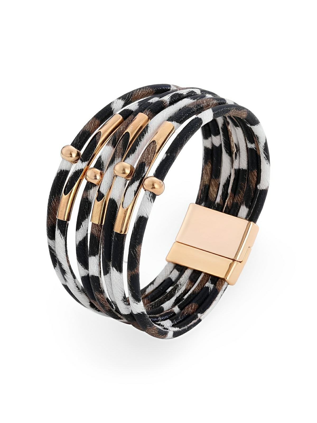 Bracelet magnétique multicouche en simili vegan avec imprimé léopard, perles et tube de cuivre incurvé, modèle Arnelle - Bracelet - Blanc
