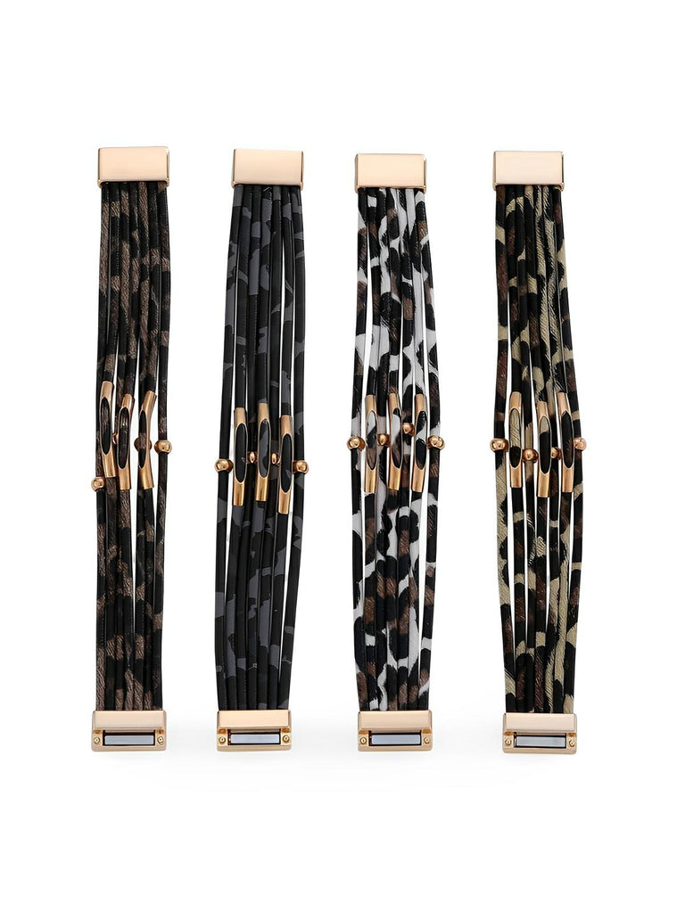 Bracelet magnétique multicouche en simili vegan avec imprimé léopard, perles et tube de cuivre incurvé, modèle Arnelle - Bracelet - Marron