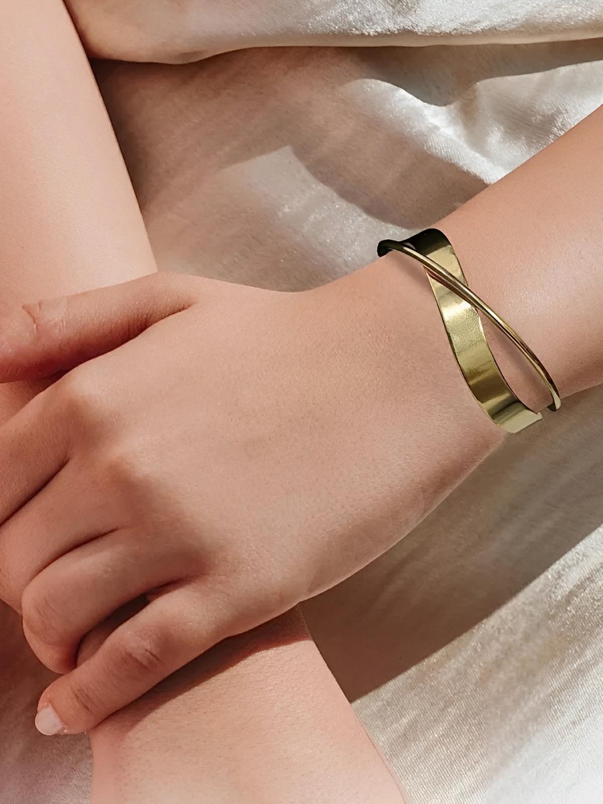 Bracelet ouvert acier, design irrégulier, style géométrique, minimaliste, OL moderne, mode urbaine, modèle Olympe - Bracelet - Or