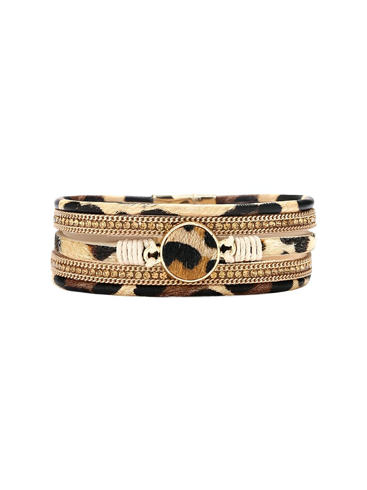 Bracelet simili vegan léopard, fermoir magnétique, déco dorée, style safari, poils effet fourrure, modèle Alya - Bracelet - Beige