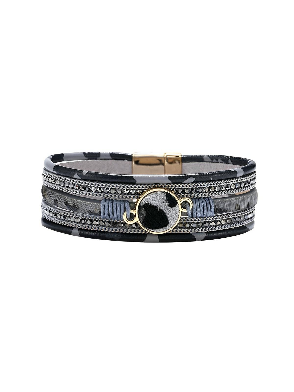 Bracelet simili vegan léopard, fermoir magnétique, déco dorée, style safari, poils effet fourrure, modèle Alya - Bracelet - Gris