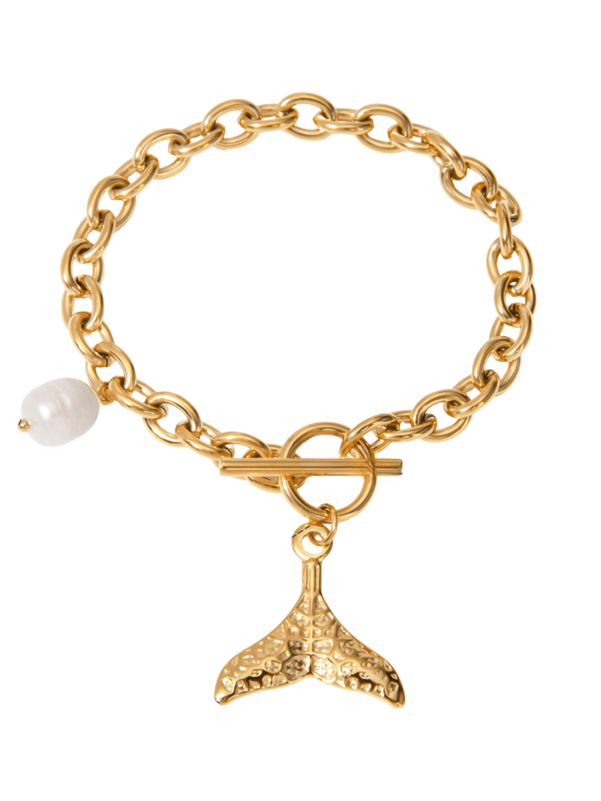 Bracelet sirène chaîne acier, fermoir barre, pendentif queue de baleine, perle blanche, modèle Ariel - Bracelet - Or