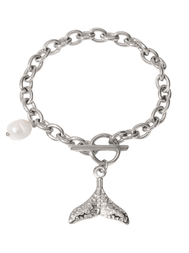 Bracelet sirène chaîne acier, fermoir barre, pendentif queue de baleine, perle blanche, modèle Ariel - Bracelet - Argent