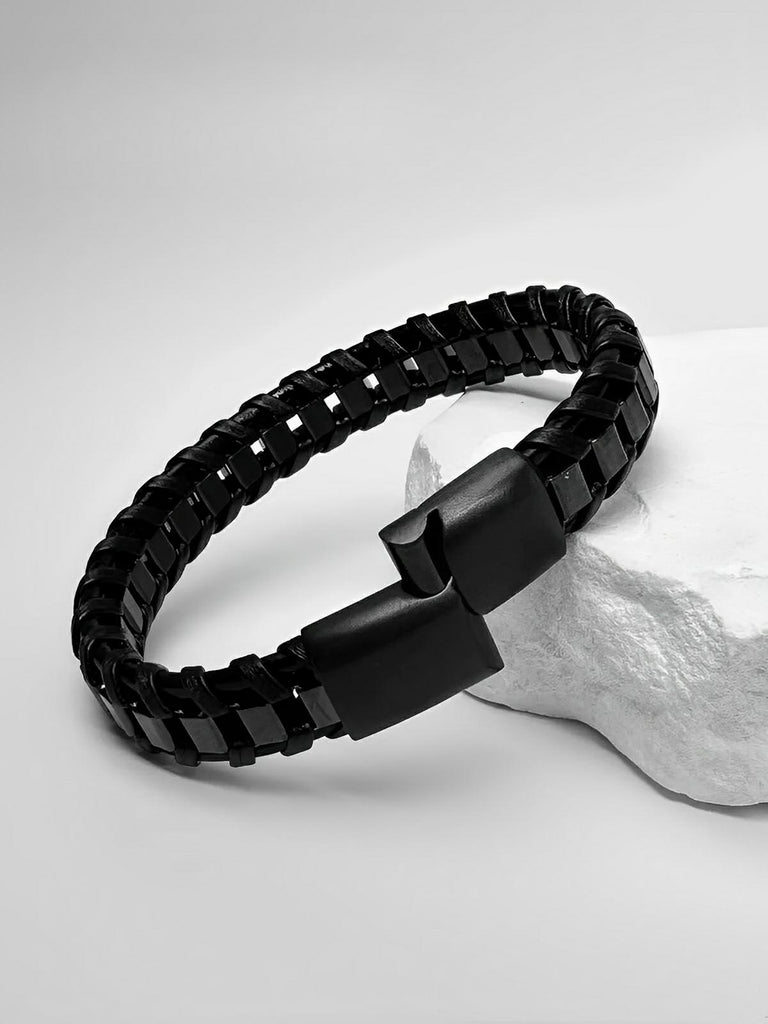 Bracelet tressé en cuir noir, acier inoxydable, fermoir magnétique, style élégant, modèle Arnaud - Bracelet - Noir S