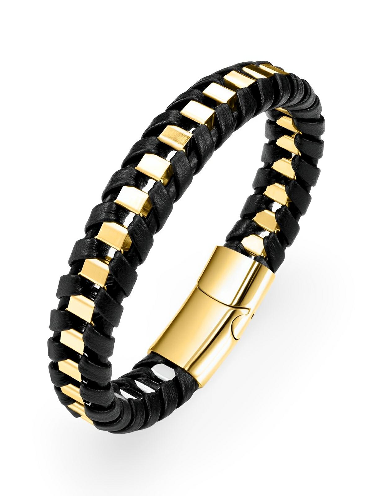 Bracelet tressé en cuir noir, acier inoxydable, fermoir magnétique, style élégant, modèle Arnaud - Bracelet - Noir et or S