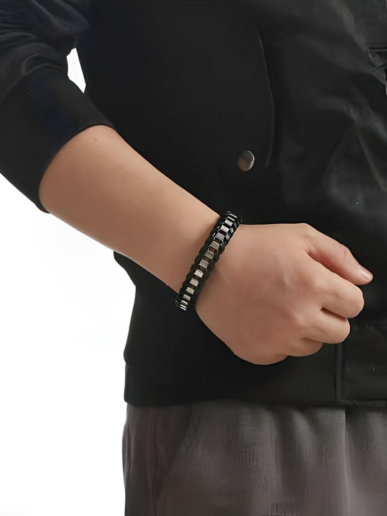 Bracelet tressé en cuir noir, acier inoxydable, fermoir magnétique, style élégant, modèle Arnaud - Bracelet - Noir et argent S