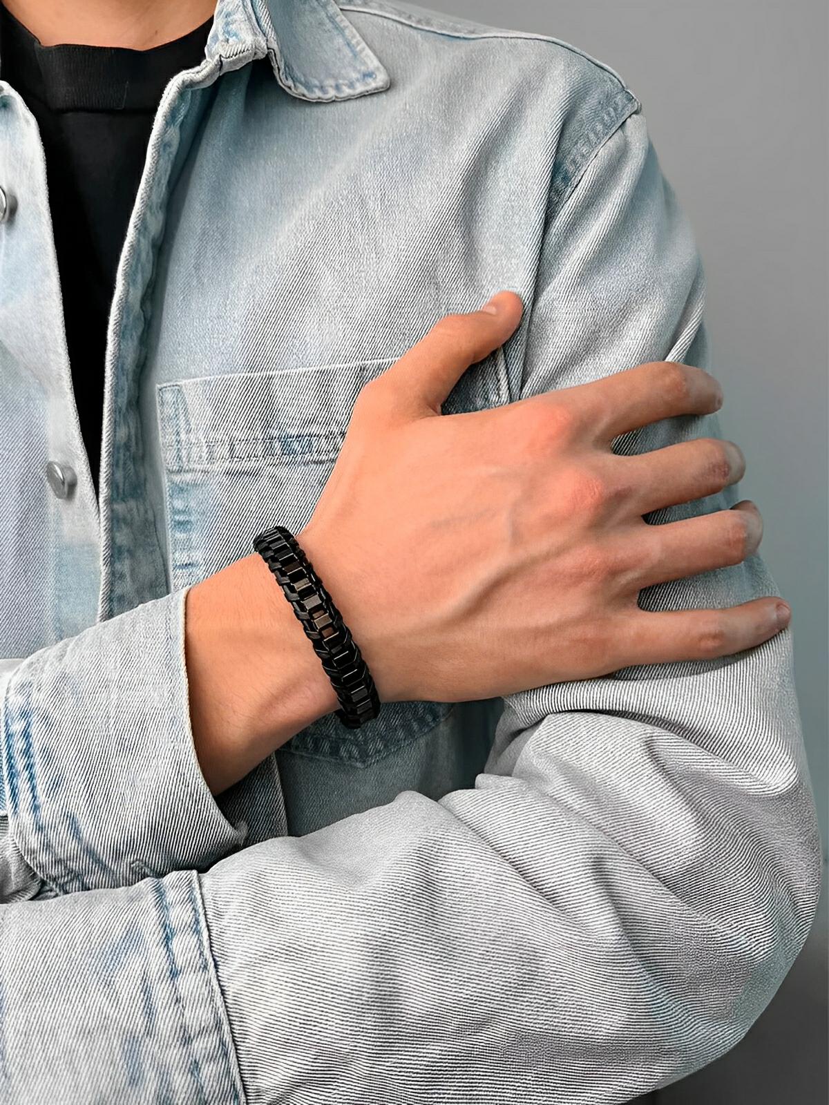 Bracelet tressé en cuir noir, acier inoxydable, fermoir magnétique, style élégant, modèle Arnaud - Bracelet - Noir S