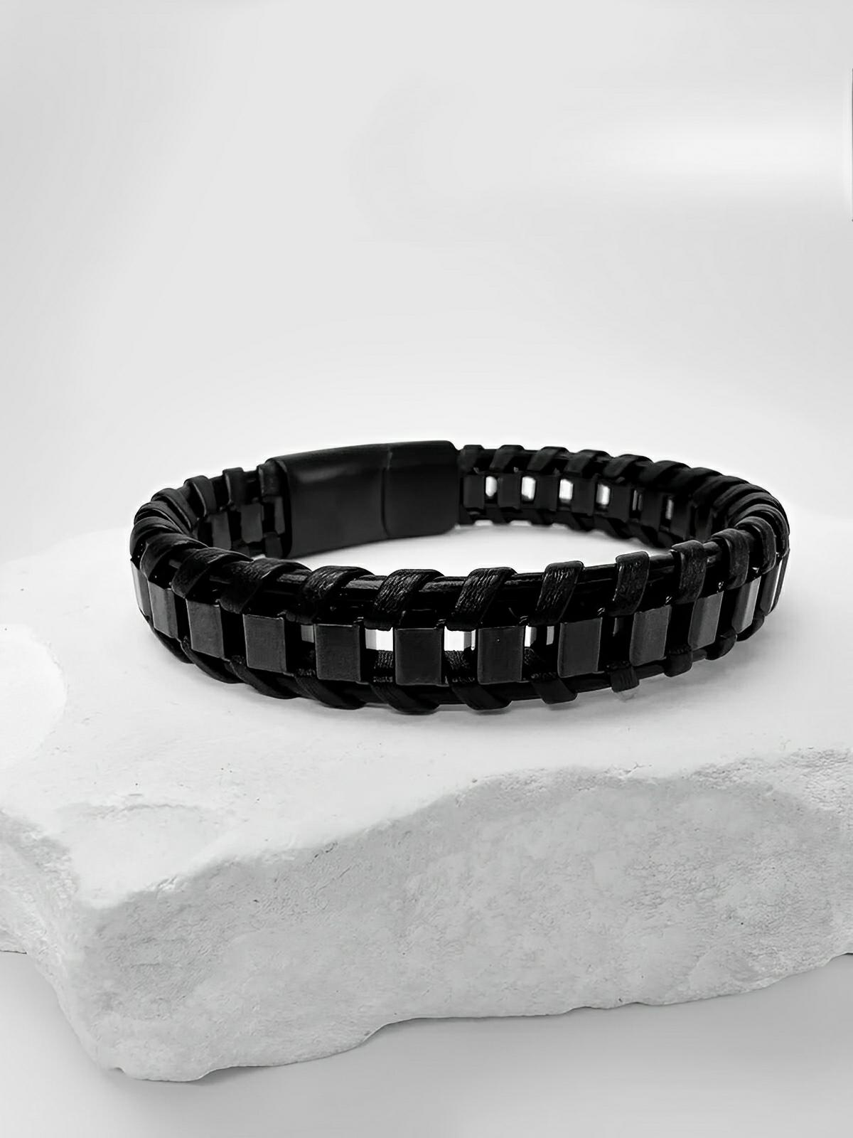 Bracelet tressé en cuir noir, acier inoxydable, fermoir magnétique, style élégant, modèle Arnaud - Bracelet - Noir S