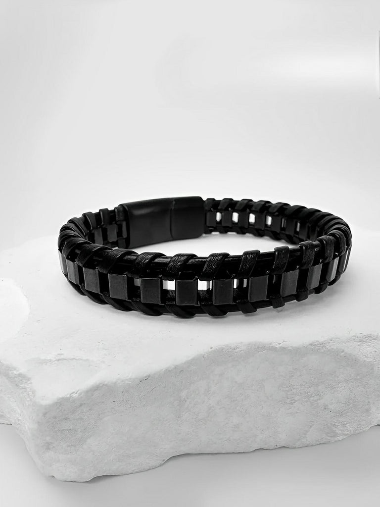 Bracelet tressé en cuir noir, acier inoxydable, fermoir magnétique, style élégant, modèle Arnaud - Bracelet - Noir S