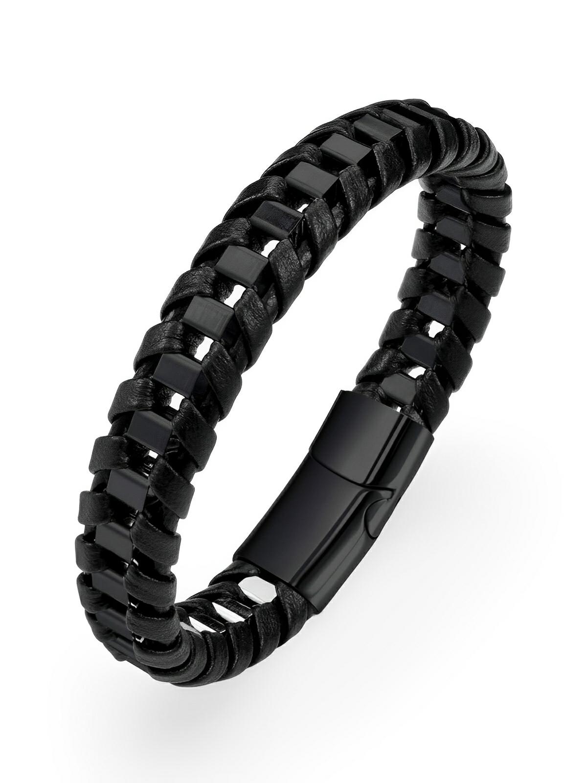 Bracelet tressé en cuir noir, acier inoxydable, fermoir magnétique, style élégant, modèle Arnaud - Bracelet - Noir S