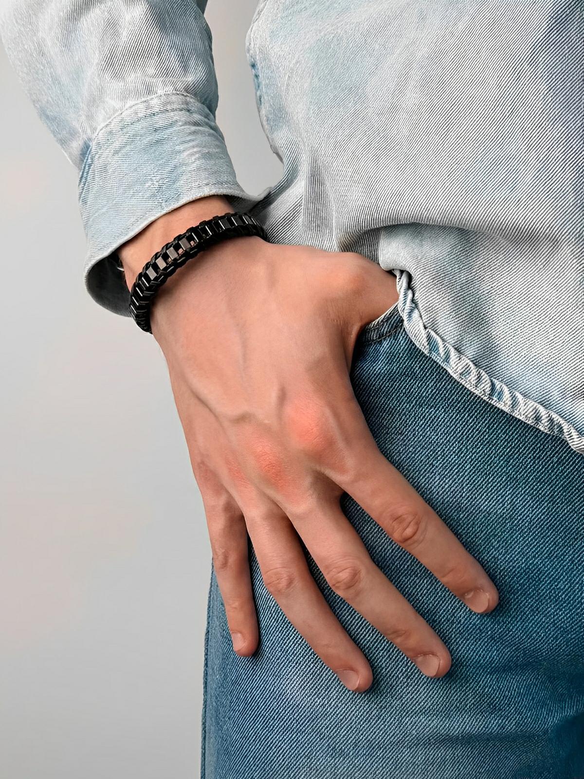 Bracelet tressé en cuir noir, acier inoxydable, fermoir magnétique, style élégant, modèle Arnaud - Bracelet - Noir S