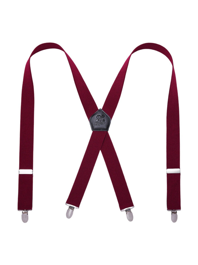Bretelles homme AX4, pinces métalliques robustes, cuir véritable, confort élastique, design croisé X, ajustables 4 clips, style classique moderne, modèle Fabien - Bretelles - Bordeaux