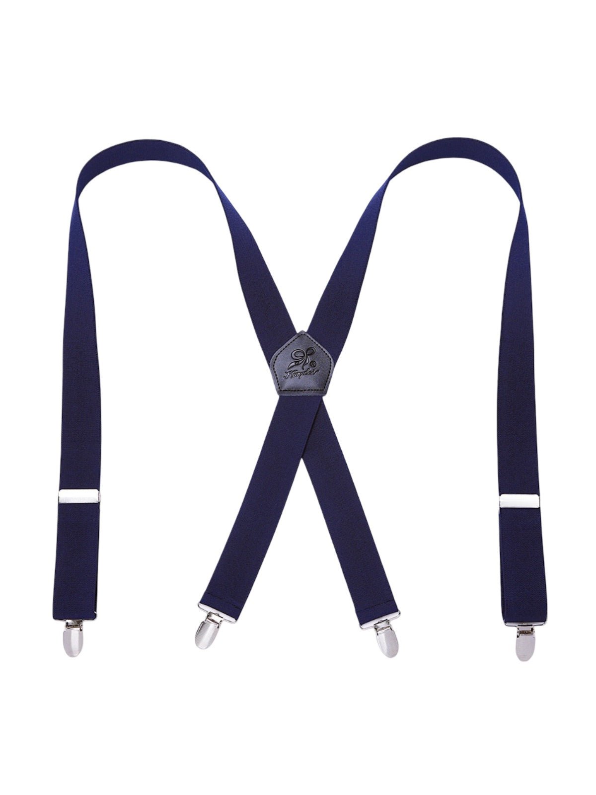 Bretelles homme AX4, pinces métalliques robustes, cuir véritable, confort élastique, design croisé X, ajustables 4 clips, style classique moderne, modèle Fabien - Bretelles - Bleu marine