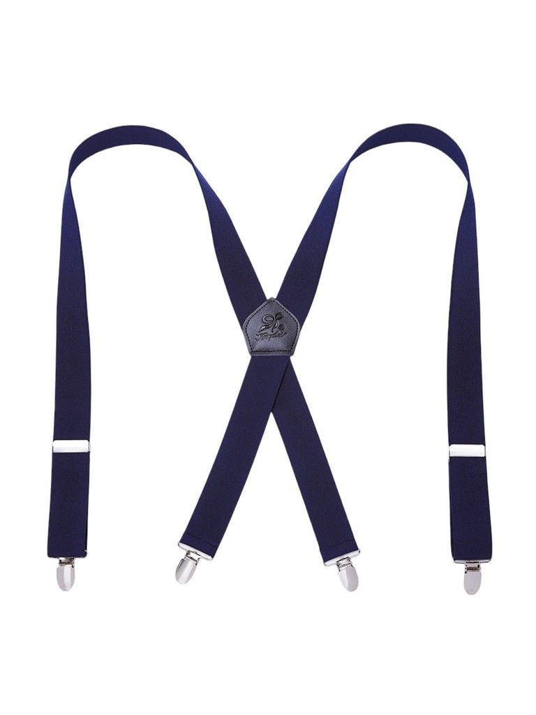 Bretelles homme AX4, pinces métalliques robustes, cuir véritable, confort élastique, design croisé X, ajustables 4 clips, style classique moderne, modèle Fabien - Bretelles - Bleu marine