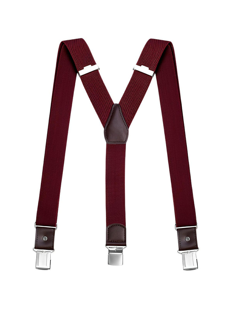 Bretelles homme forme Y, pinces métalliques solides, bandes élastiques ajustables, cuir véritable, tenue formelle ou décontractée, modèle François - Bretelles - Bordeaux