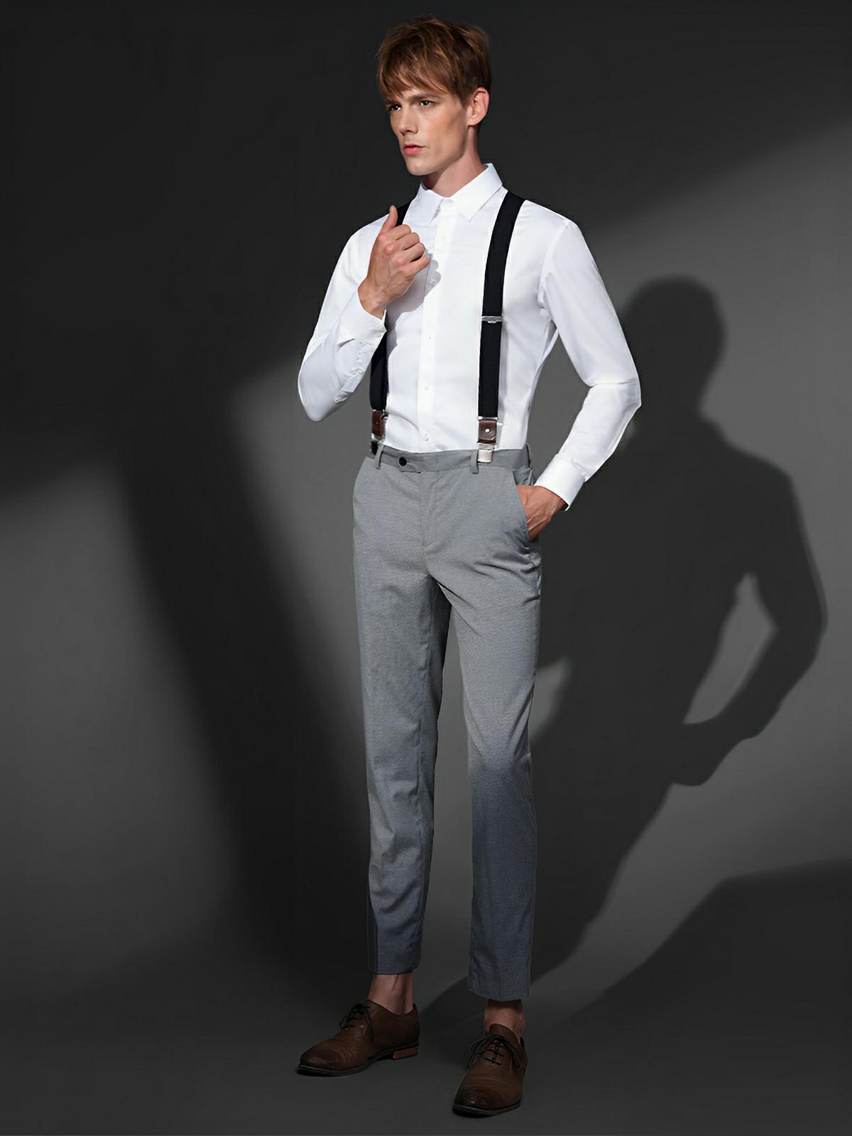 Bretelles homme forme Y, pinces métalliques solides, bandes élastiques ajustables, cuir véritable, tenue formelle ou décontractée, modèle François - Bretelles - Noir