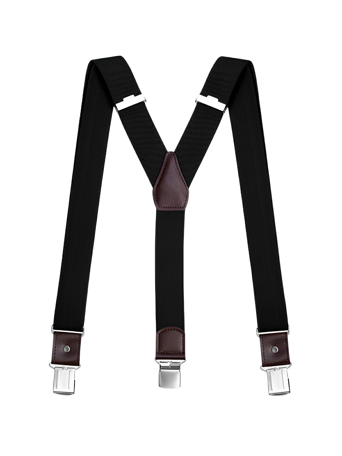 Bretelles homme forme Y, pinces métalliques solides, bandes élastiques ajustables, cuir véritable, tenue formelle ou décontractée, modèle François - Bretelles - Noir