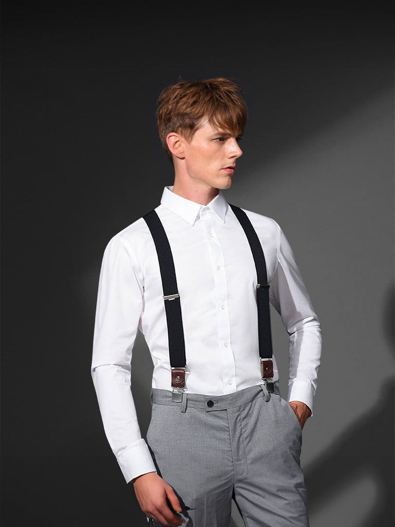 Bretelles homme forme Y, pinces métalliques solides, bandes élastiques ajustables, cuir véritable, tenue formelle ou décontractée, modèle François - Bretelles - Noir