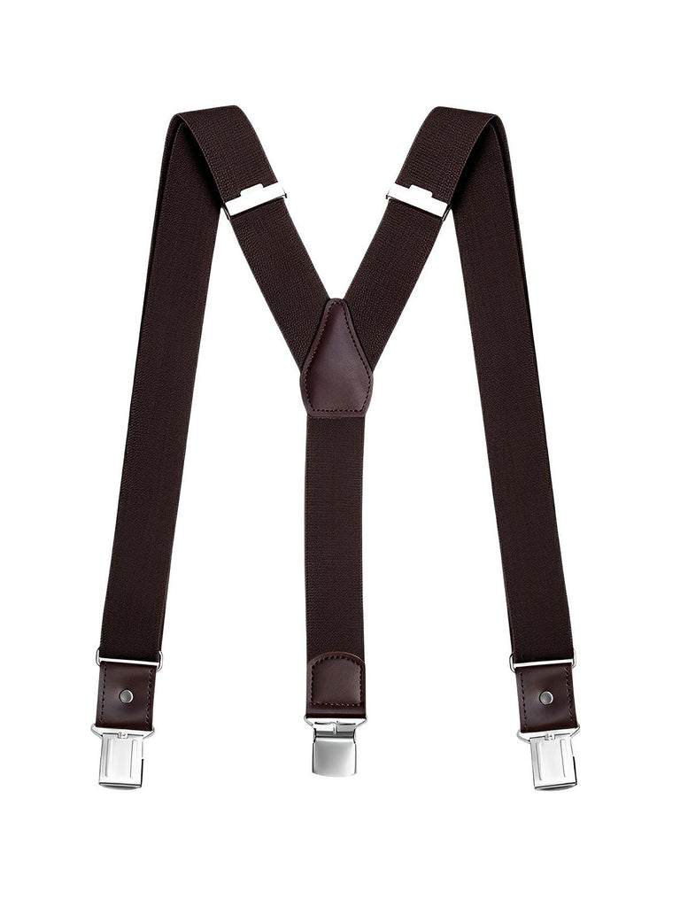 Bretelles homme forme Y, pinces métalliques solides, bandes élastiques ajustables, cuir véritable, tenue formelle ou décontractée, modèle François - Bretelles - Marron