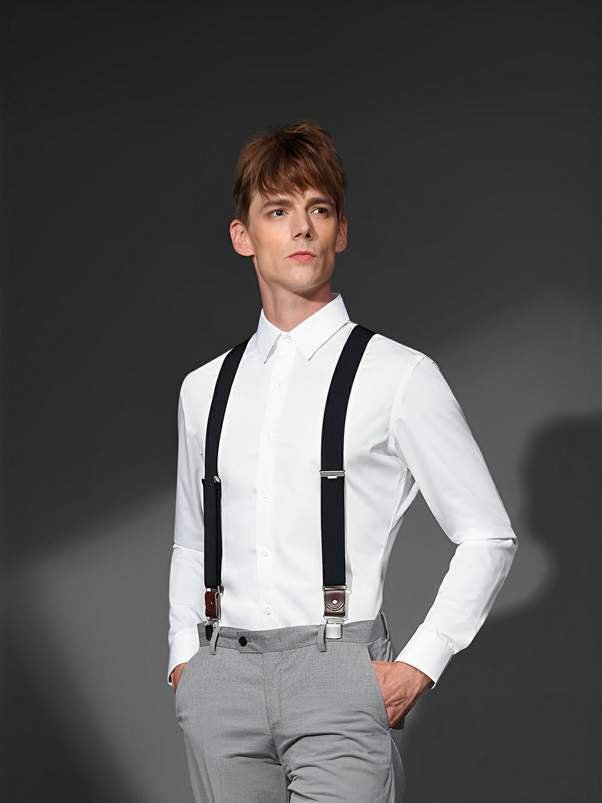 Bretelles homme forme Y, pinces métalliques solides, bandes élastiques ajustables, cuir véritable, tenue formelle ou décontractée, modèle François - Bretelles - Noir