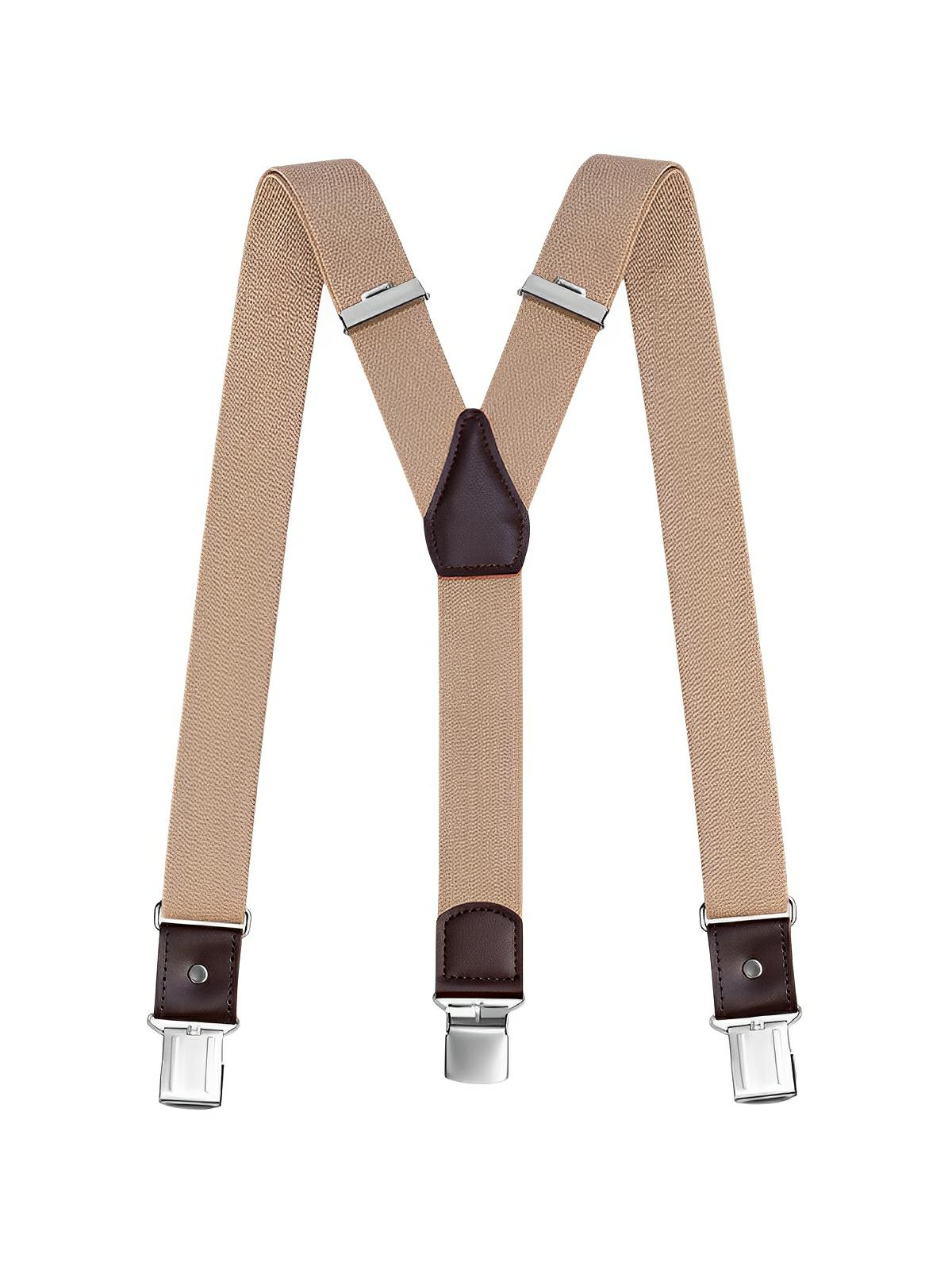 Bretelles homme forme Y, pinces métalliques solides, bandes élastiques ajustables, cuir véritable, tenue formelle ou décontractée, modèle François - Bretelles - Beige