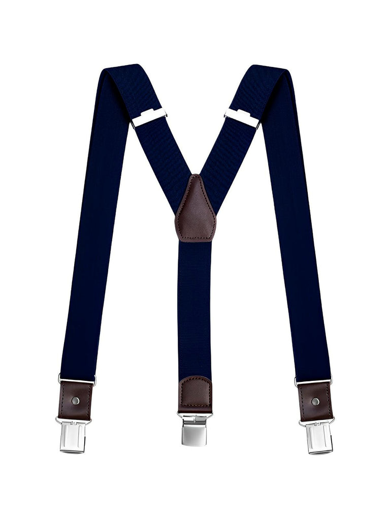 Bretelles homme forme Y, pinces métalliques solides, bandes élastiques ajustables, cuir véritable, tenue formelle ou décontractée, modèle François - Bretelles - Bleu marine