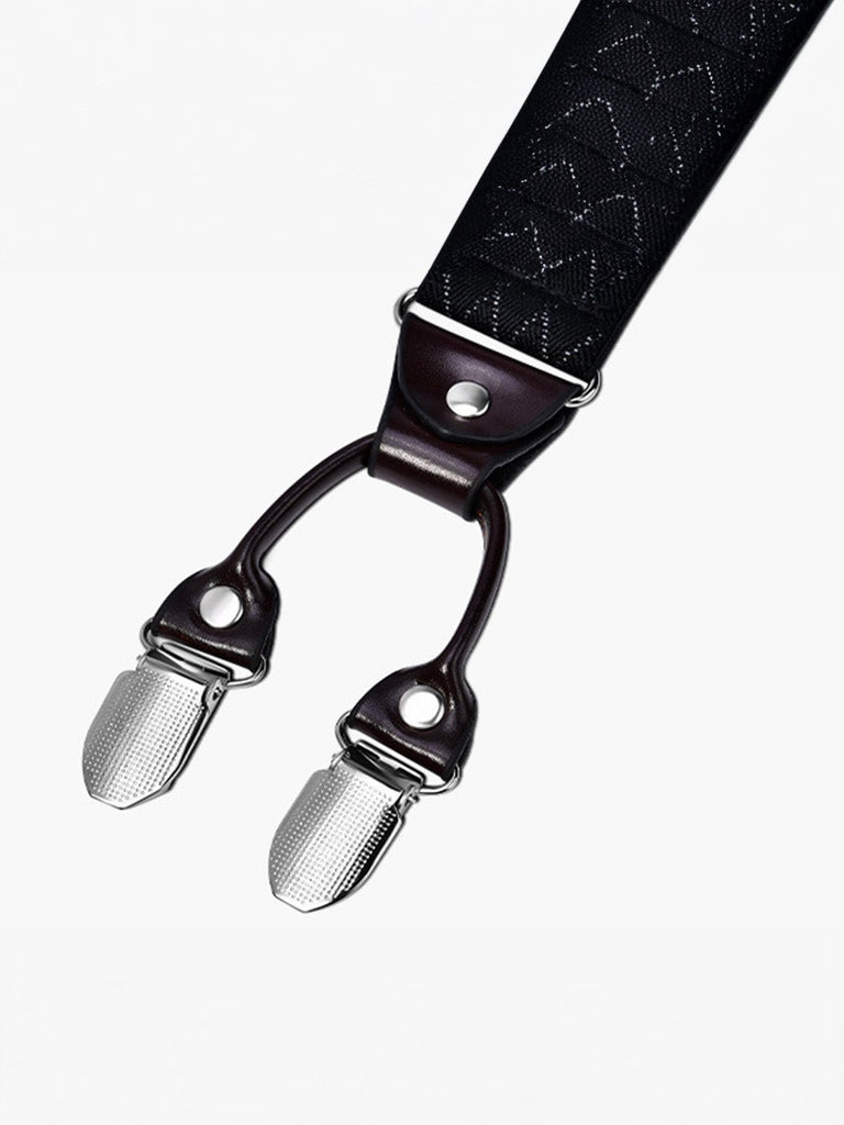 Bretelles homme, style européen, forme Y, double pinces métal, cuir véritable, bande élastique, réglable, motif losange, tenue habillée, accessoire pantalon, modèle Bertrand - Bretelles - Style 11