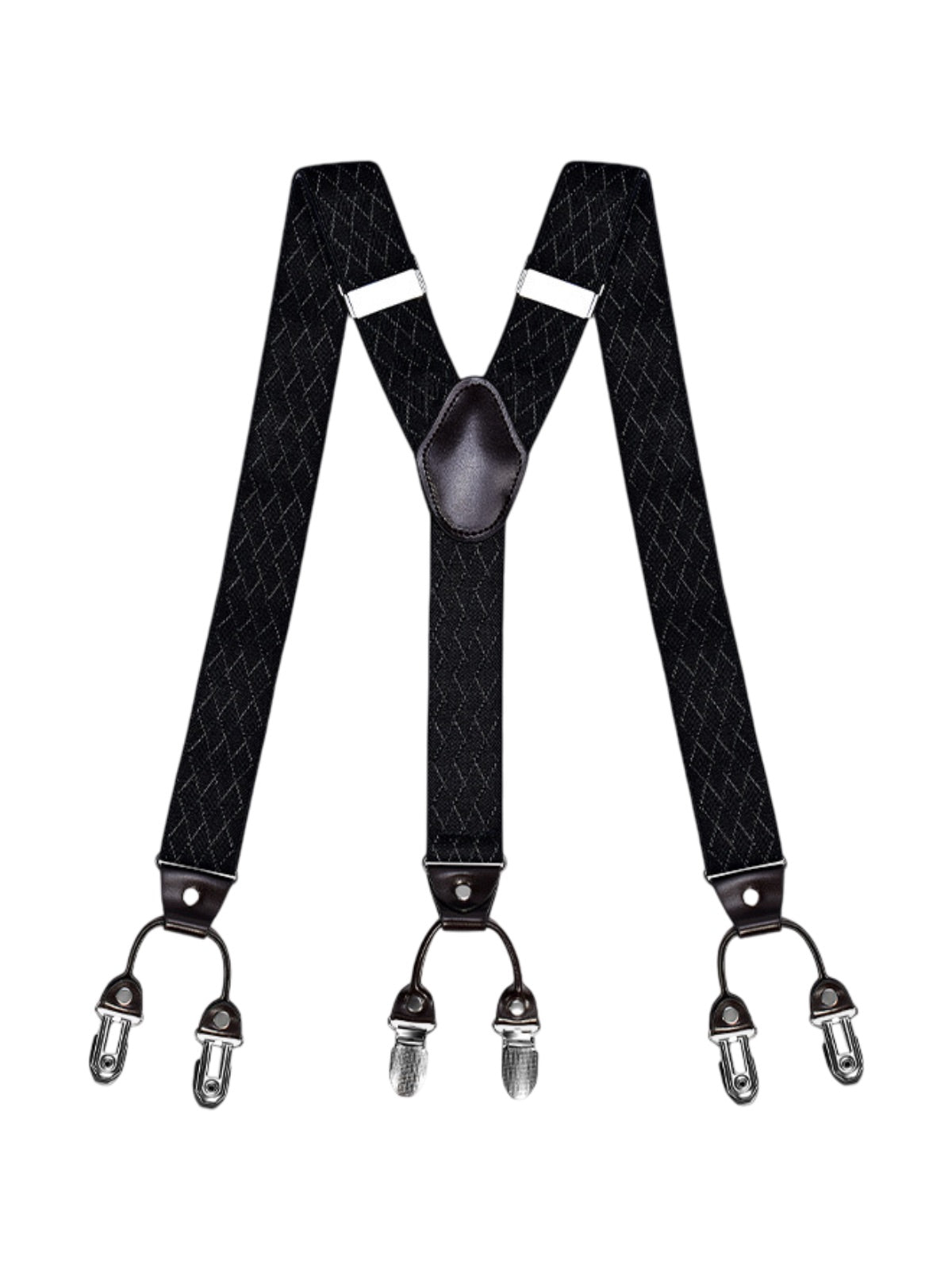Bretelles homme, style européen, forme Y, double pinces métal, cuir véritable, bande élastique, réglable, motif losange, tenue habillée, accessoire pantalon, modèle Bertrand - Bretelles - Style 1