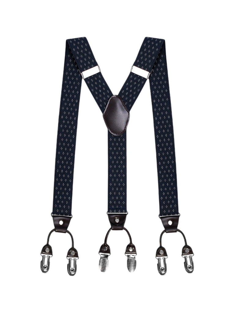 Bretelles homme, style européen, forme Y, double pinces métal, cuir véritable, bande élastique, réglable, motif losange, tenue habillée, accessoire pantalon, modèle Bertrand - Bretelles - Style 7