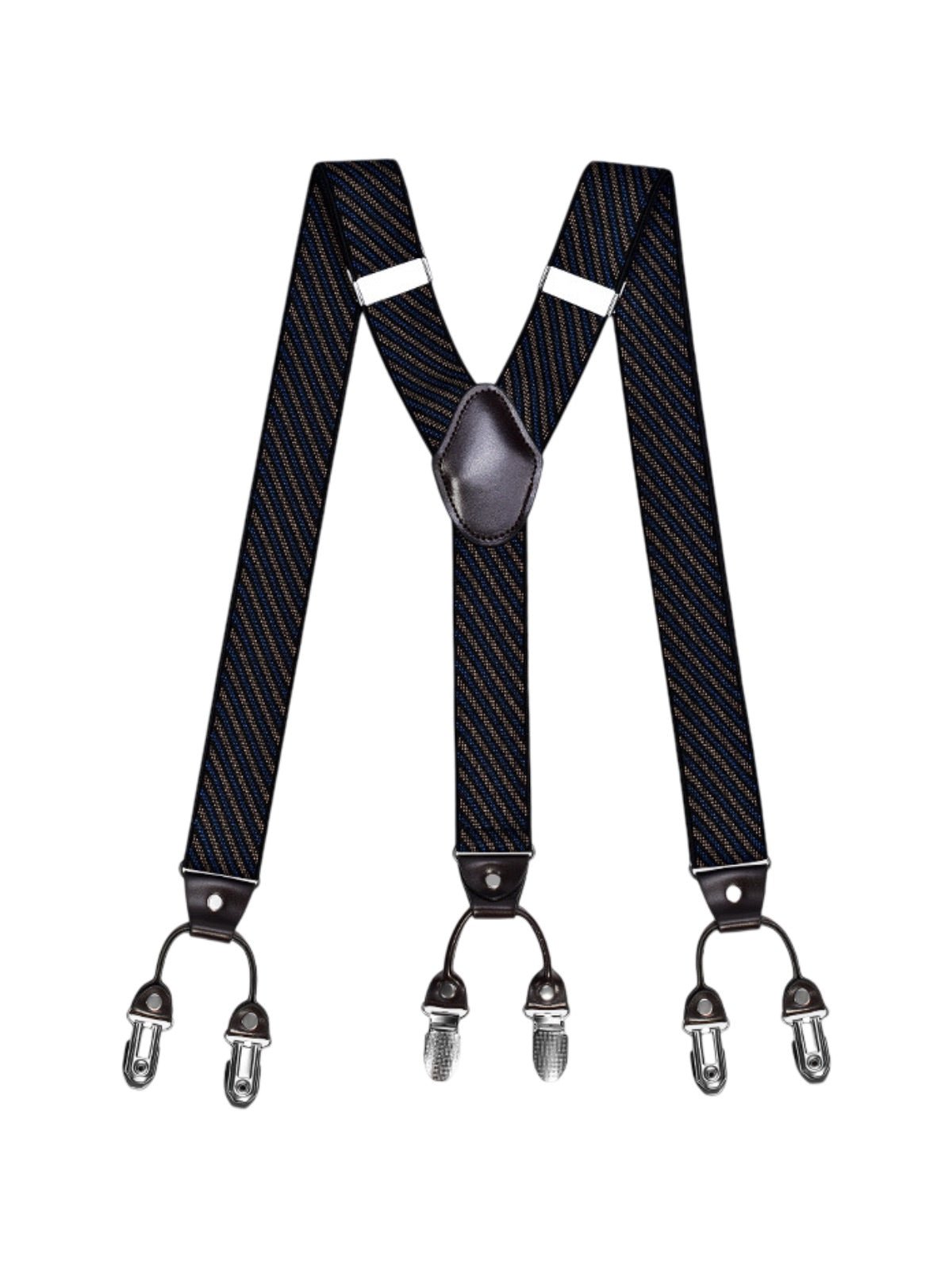 Bretelles homme, style européen, forme Y, double pinces métal, cuir véritable, bande élastique, réglable, motif losange, tenue habillée, accessoire pantalon, modèle Bertrand - Bretelles - Style 9