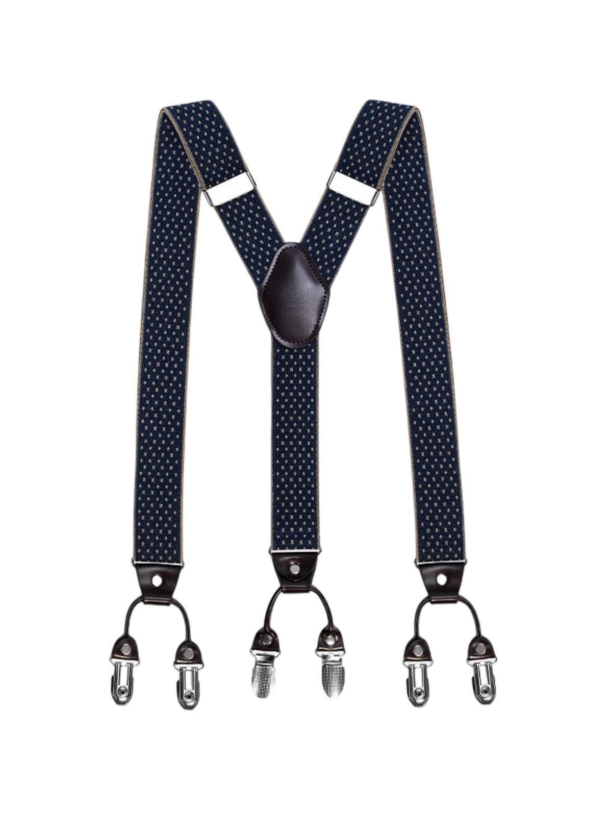 Bretelles homme, style européen, forme Y, double pinces métal, cuir véritable, bande élastique, réglable, motif losange, tenue habillée, accessoire pantalon, modèle Bertrand - Bretelles - Style 10