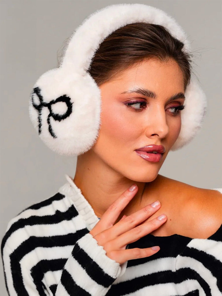 Cache - oreilles femme hiver, fourrure douce éco, motif nœud contrasté, confort thermique, protection vent et froid, accessoire mode cocooning, modèle Diksi - Cache - oreilles - Blanc