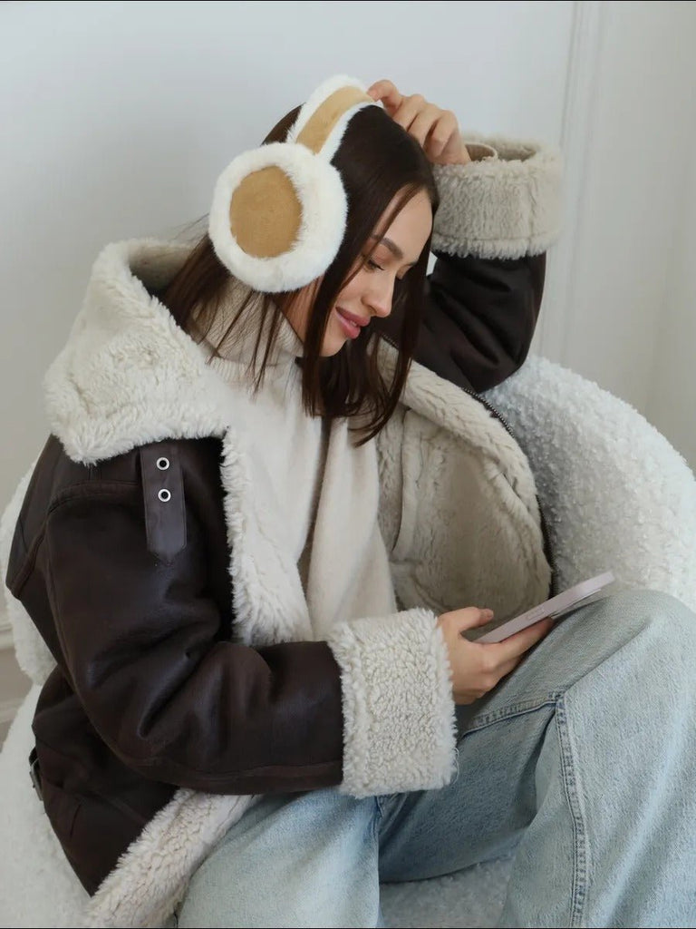 Cache - oreilles hiver femme, oreillettes chaudes, fausse fourrure douce, pliables, confort thermique, anti - froid, protection vent, accessoire mode hiver, modèle Umine - Cache - oreilles - Blanc et camel