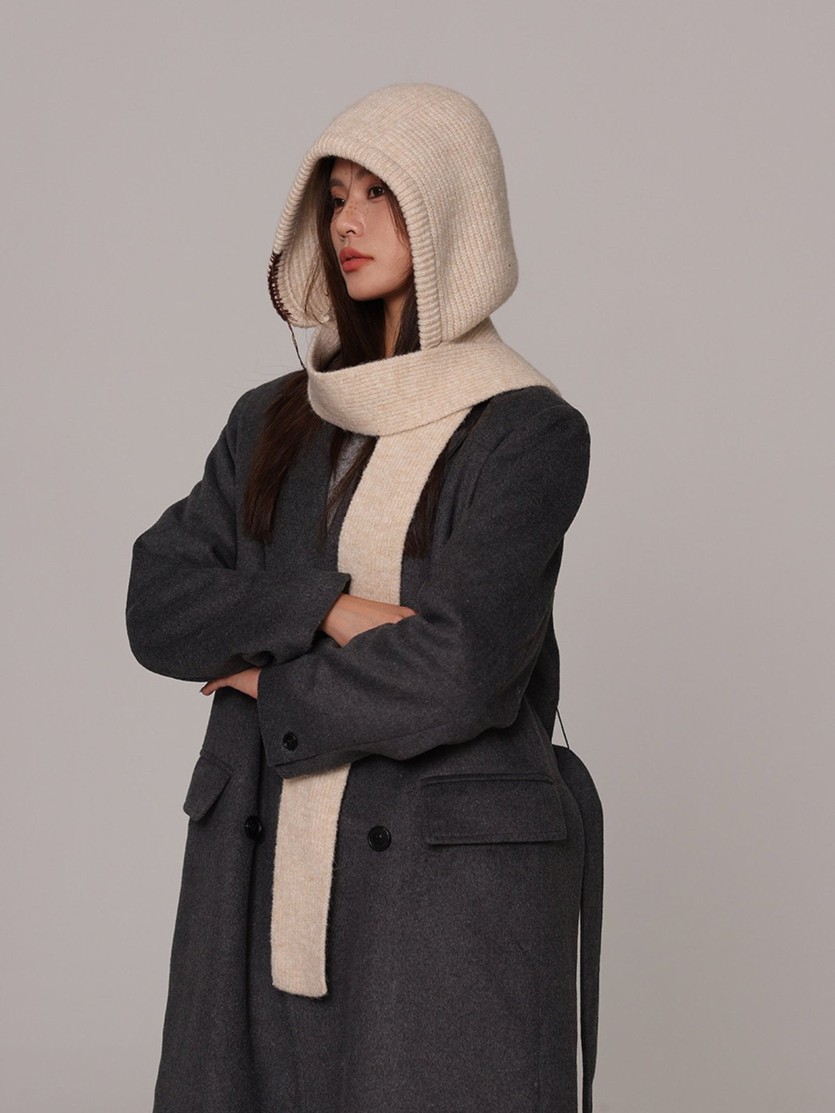 Cagoule femme hiver, écharpe tricot laine intégrée, bonnet capuche chaude, balaclava douce et confortable, cagoule mode, modèle Dipsy - Écharpe - Beige